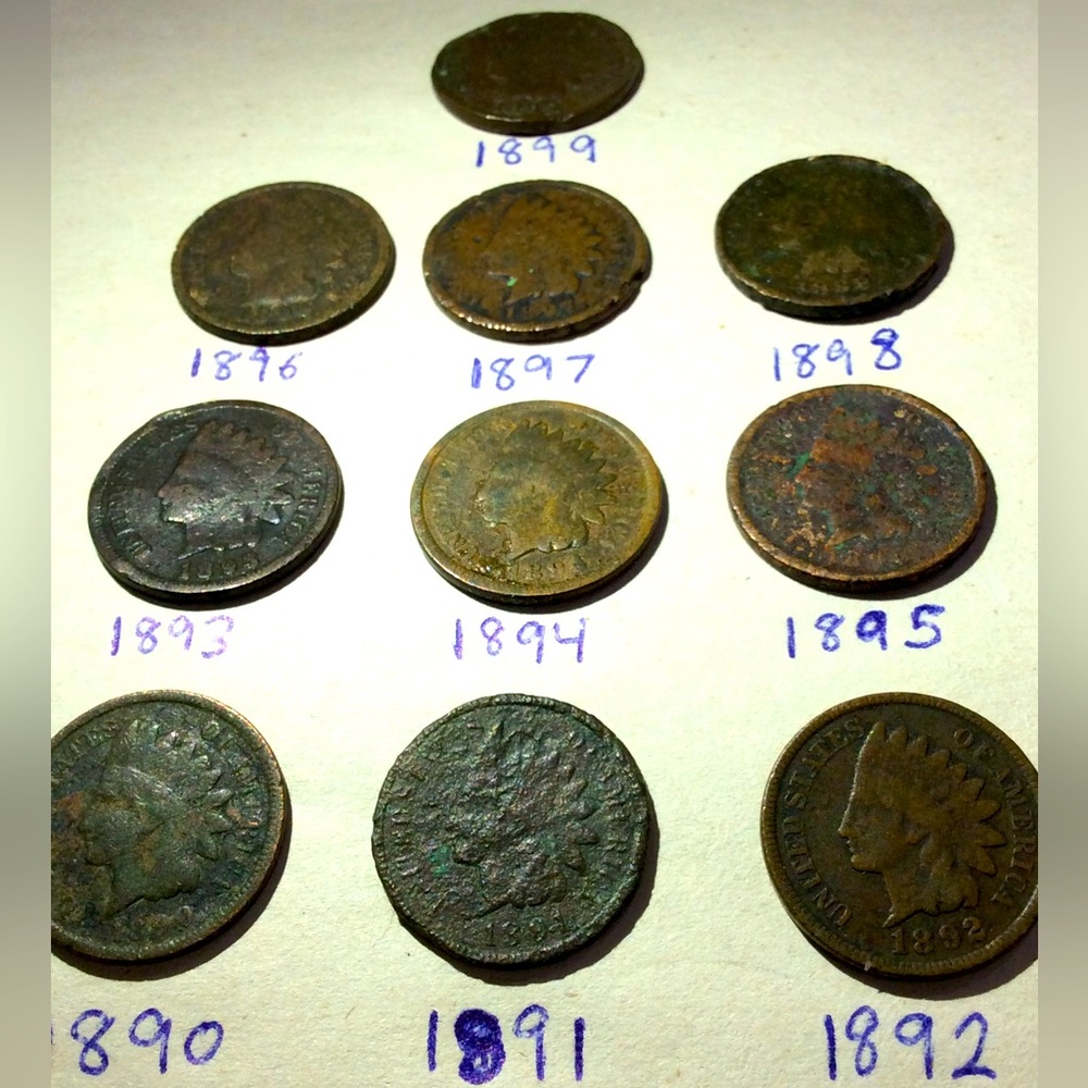 Complete Date Run 1890 to 1899 Indian Head Pennies- Key Date & Some Good Details